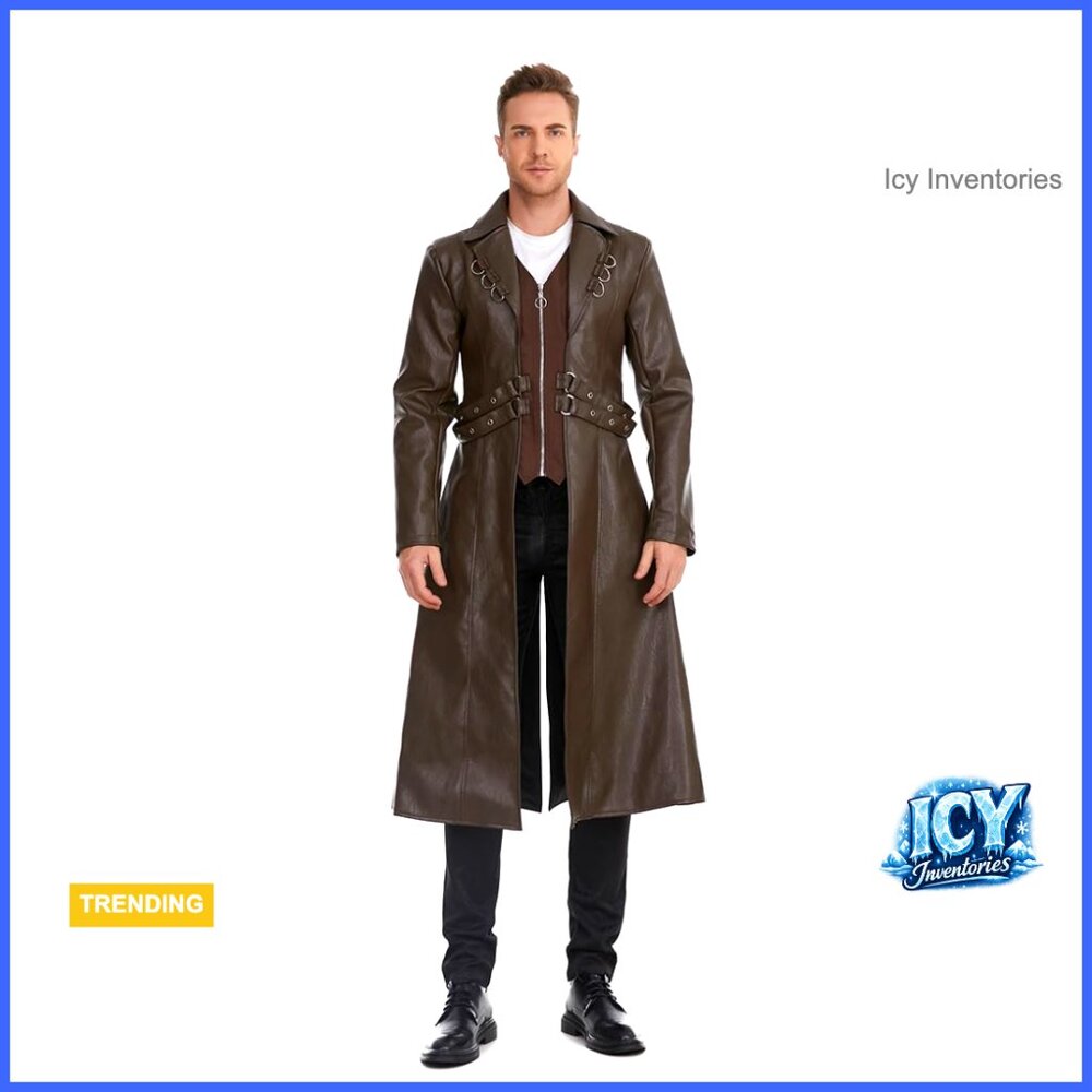Men's Faux Leather Motorcycle Trench Coat Punk Jacket